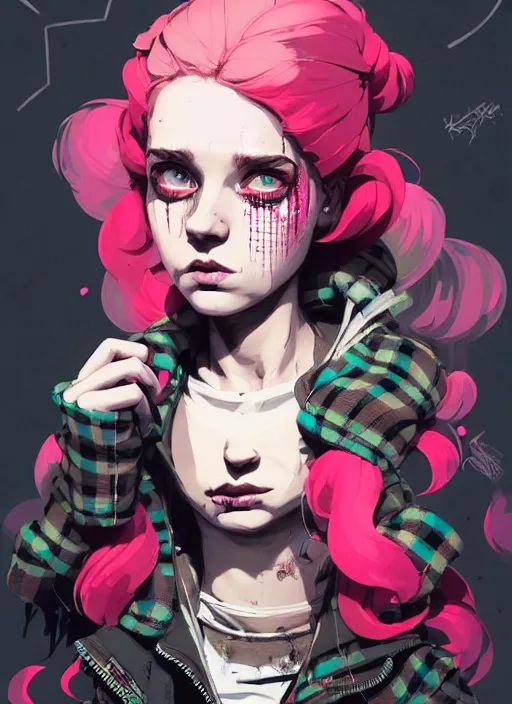 Image similar to highly detailed portrait of a sewer punk lady, tartan hoody, blonde ringlet hair by atey ghailan, by greg rutkowski, by greg tocchini, by james gilleard, by joe fenton, by kaethe butcher, gradient magenta, black, blonde cream and white color scheme, grunge aesthetic!!! ( ( graffiti tag wall background ) )