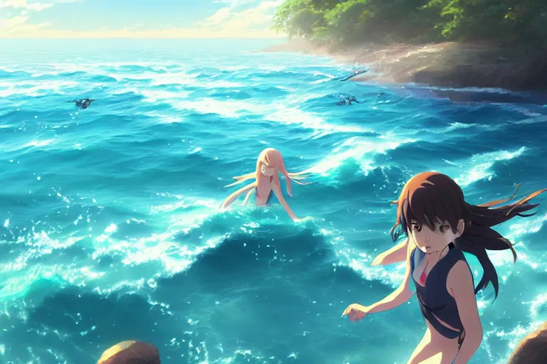 Prompt: friends splashing in the ocean, key visual, a fantasy digital painting by makoto shinkai and james gurney, trending on artstation, highly detailed
