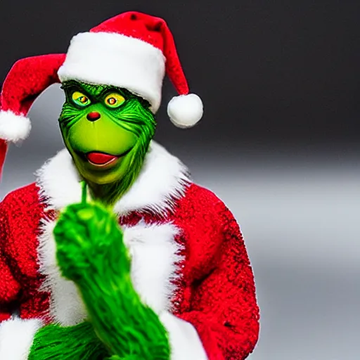 Image similar to grinch holding a miniature figurine of a santa claus 8 k