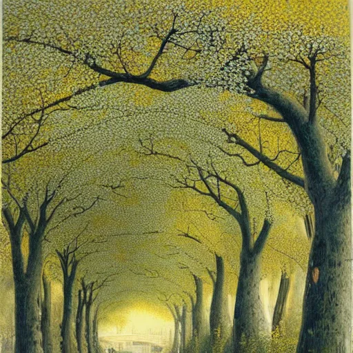 Prompt: an infinite archway tunnel of golden laburnum trees in bloom painted by carle vernet