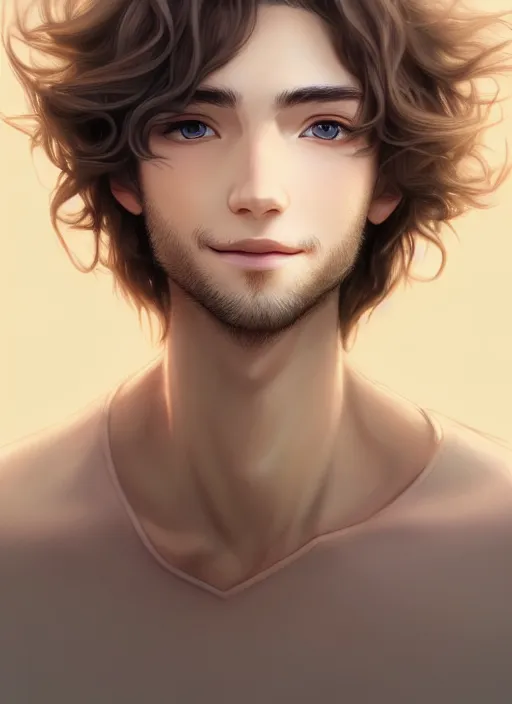 Prompt: beautiful young man with medium - length, curly, golden hair, perfectly proportioned face, aquamarine eyes, long eyelashes, smile, natural lighting, path traced, highly detailed, high quality, cartoon, digital painting, by new haicheng and studio ghibli