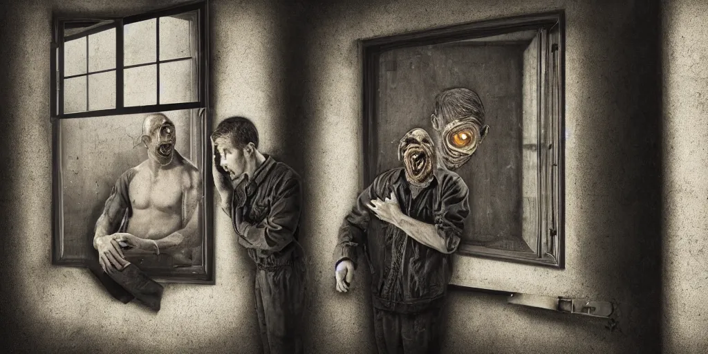 Prompt: detailed analog medium format photo, perspective of man looking through window while horrifying man with deformed face watches him from outside in distance, artwork by maxim verehin, high production value, intricate details, 8 k resolution, hyperrealistic, hdr, photorealistic, high definition, tehnicolor, award - winning photography, masterpiece, amazing colors, trending on artstation