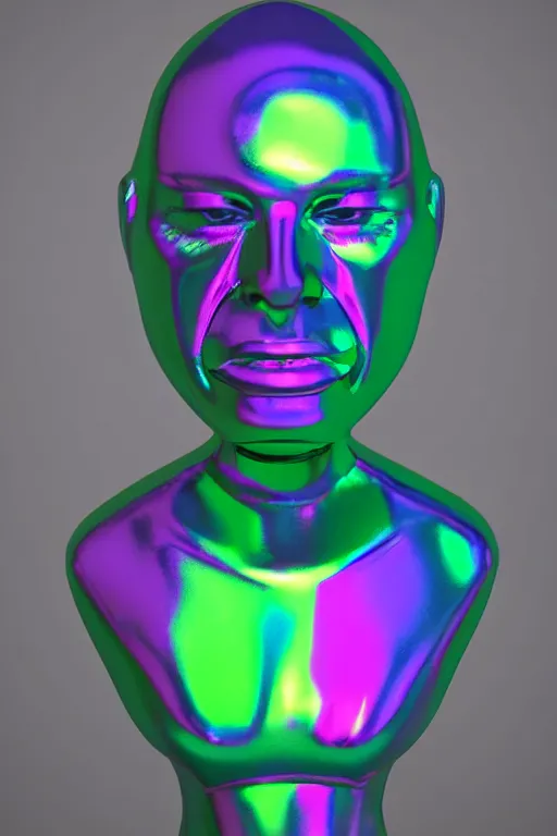 Image similar to 3d render of holographic angry human robotic screaming angry bust made of glossy iridescent, screaming, bust, surrealistic 3d illustration of a human non-binary, non binary model, 3d model human, cryengine, made of holographic texture, holographic material, holographic rainbow, concept of cyborg and artificial intelligence