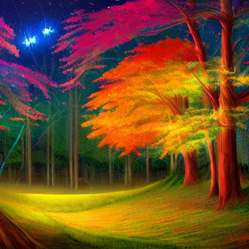 Prompt: landscape with colorful trees with furry leaves and fireflies, luminescent detailed magical realism painting 4 k artstation