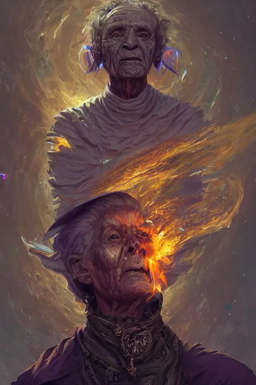 Image similar to the look of an elderly person, necromancer, witch - doctor covered with ice exploding into fire, imperfections, holding electricity highly detailed, high contrast, light reflection, trippy, nebula, trending on artstation by artgem, by peter mohrbacher, by wlop, by ruan jia