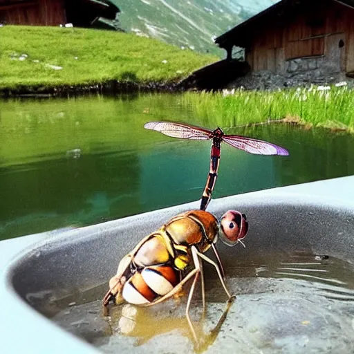 Image similar to dragonfly in a bathtub in the alps, goats!!!!!!!! in background