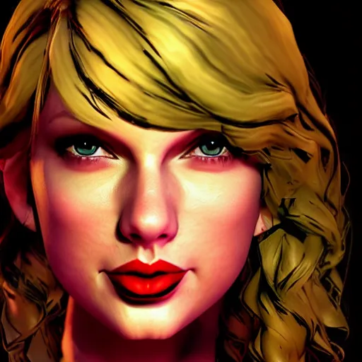 Image similar to taylor swift portrait, borderlands, tales from the borderlands, the wolf among us, comic, cinematic lighting, studio quality, 8 k