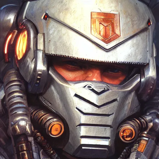 Image similar to the doomslayer as a realistic scifi cyberpunk knight, closeup portrait art by donato giancola and greg rutkowski, vintage retro scifi, realistic face, digital art, trending on artstation, symmetry!!!