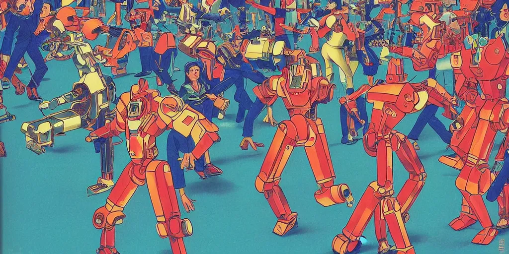 Prompt: gigantic mecha robots in a dance battle, a lot of people in disco clothes dancing, disco balls everywhere, risograph by kawase hasui, edward hopper, satoshi kon and moebius, no text!, colorful flat surreal design, super - detailed, a lot of tiny details, fullshot