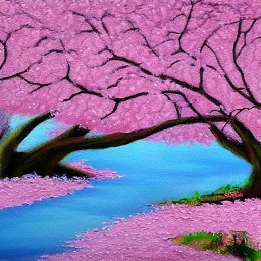 Image similar to a cherry blossom painting by bob ross