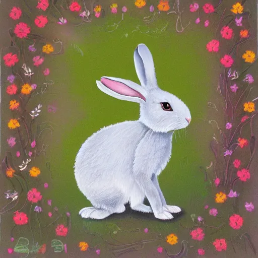 Image similar to The rabbit made out of metals in the picture looks cute and playful. It has big, fluffy ears and a long, furry tail. Its fur is a light brown color, and its eyes are a bright blue. The background of the picture is a gentle green, and there are flowers blooming around the rabbit. painted by Balaskas Christopher.