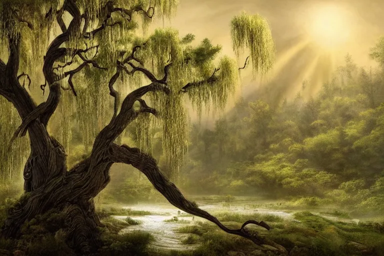 Prompt: masterpiece painting of the old man willow ebony tree of life on a hillside overlooking a creek | dramatic lighting | malign tree - spirit of great age | hyperrealism concept art of highly detailed by andreas franke