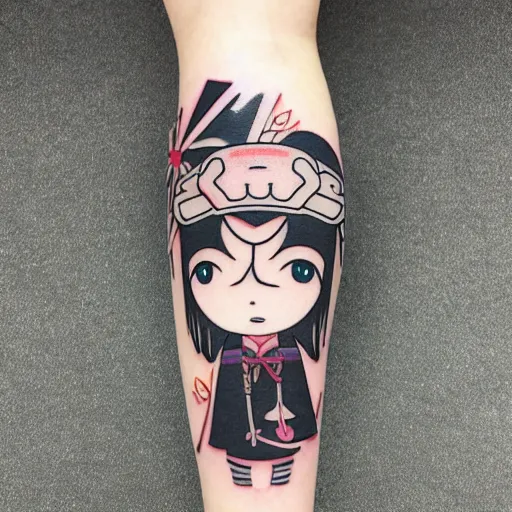 Image similar to japanese female samurai anime ninja schoolgirl, chibi, japanese anime girl Sakura flowers by Hayao Miyazaki, chibi ninja schoolgirl, kill me baby tattoo on upper arm