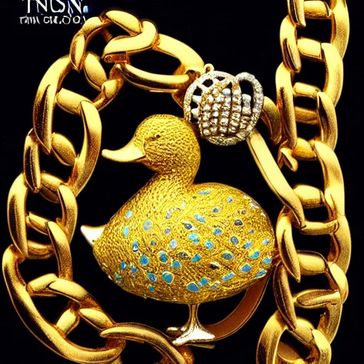 Prompt: a duck wearing a heavy gold chain, fashonable gold chain, Jewelry by Tanishq, realistic, super detailed