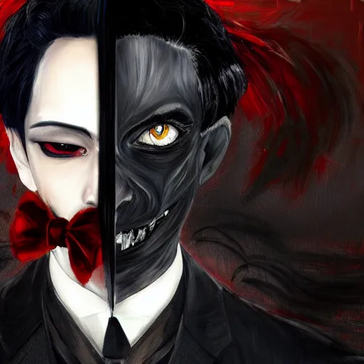 Prompt: full face shot of a butler with straight black hair, a red highlight, long bangs, with black eyes, sharp teeth, fancy bridegroom, ultra detailed, brush strokes, digital painting, cinematic, wlop artstation, pixiv, eerie, scary, intimidating glare, evil, demonic, yoshitaka amano, junji ito,