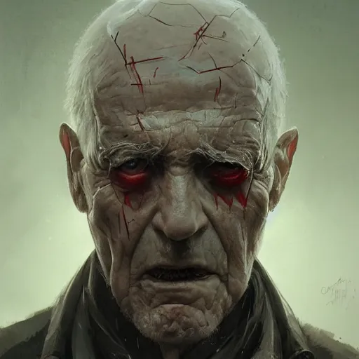 Image similar to close-up, symmetrical, portrait of an old man, bruised, scarred, marvel art, art by greg rutkowski, matte painting, trending on artstation