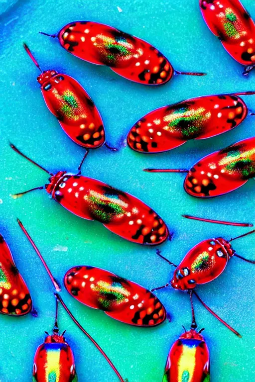 Image similar to high quality macro photo iridescent Red spotted jewel beetles! gorgeous highly detailed david ligare elson peter cinematic blue lighting high quality low angle hd 8k sharp shallow depth of field