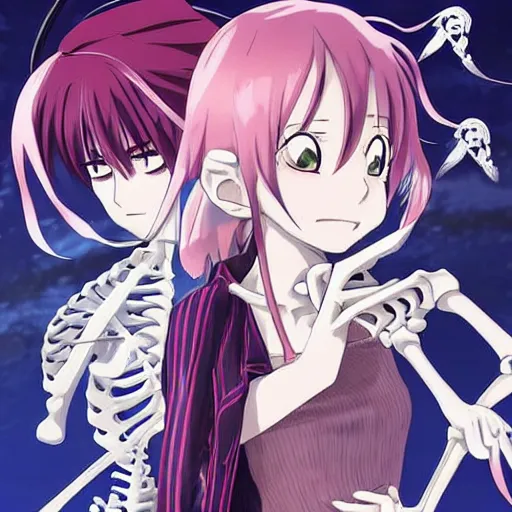 Image similar to anime key visual for a female necromancer and her skeleton friend, from a slice of life anime. tv anime series, kyoto animation, by phil noto ( 2 0 2 2 )