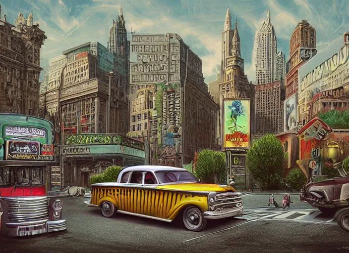 Prompt: 🚕🚎⛽🛣, lowbrow, matte painting, 3 - d highly detailed, in the style of mark ryden,