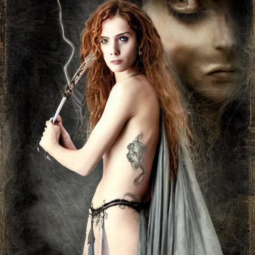 Image similar to Hermione in tattoos conjuring with a magic wand, by luis royo, dressed beautiful gown, beautiful eyes, Beautiful face, by Aggi Erguna, high detail, high resolution, art from harry potter, by David Lazar and Annie Leibovitz 500px photos, top cinematic lighting , cinematic mood, very detailed, shot in canon 50mm f/1.2