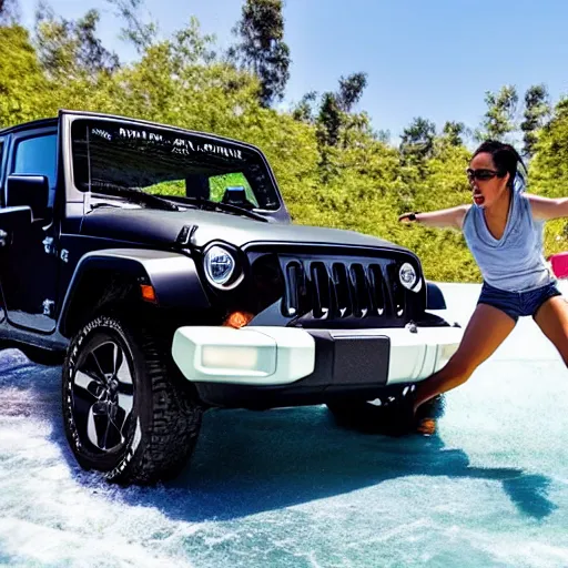 Image similar to an angry asian girl surfing on a black jeep wrangler