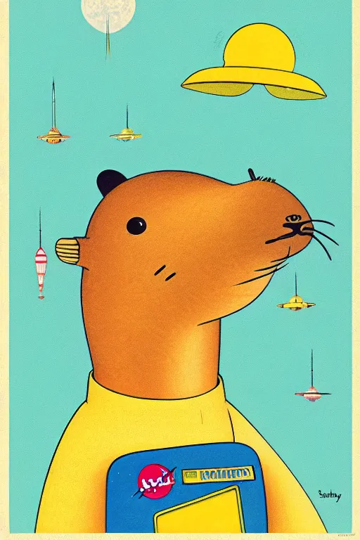 Prompt: by richard scarry. astronaut capybara. a 1 9 5 0 s retro illustration. studio ghibli. muted colors, detailed