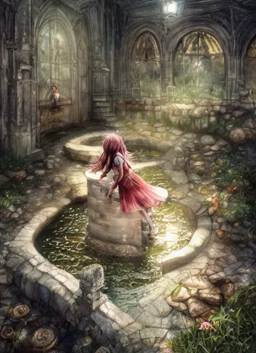 Prompt: portrait, a little girl falling down a wishing well into another realm, magical, fantasy, watercolor, dramatic lighting, cinematic, establishing shot, extremely high detail, foto realistic, cinematic lighting, pen and ink, intricate line drawings, by Yoshitaka Amano, Ruan Jia, Kentaro Miura, Artgerm, post processed, concept art, artstation, matte painting, style by eddie mendoza, raphael lacoste, alex ross