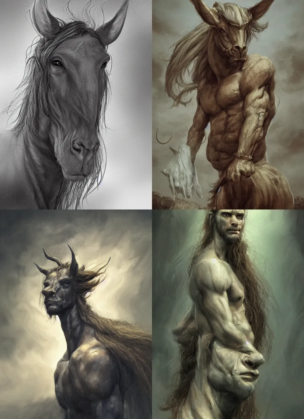 Prompt: portrait of a centaur with long hairs in alan lee and marc simonetti and emil melmoth style , cinematic lighting