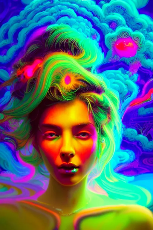 Prompt: a beautiful woman engulfed in colorful liquid smoke and neon clouds, a colorful psychedelic experience, dmt, lsd, face, delicate, highly detailed, digital painting, artstation, concept art, smooth, sharp focus, illustration, digital art by hana yata, and artem demura and beeple, octane render, unreal engine, 8 k