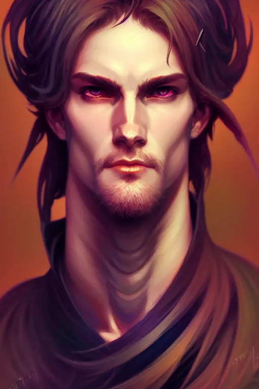 Image similar to beautiful casual bold angelic male warlock portrait, highly detailed, digital painting, artstation, sharp focus, illustration, art by tan zi and ayanamikodon and alphonse mucha and wlop