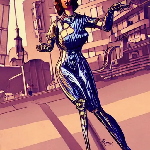 Prompt: brass semi - mechanical woman, portrait, art nouveau dress, dynamic pose, art by moebius and ilya kuvshinov, in steampunk cityscape