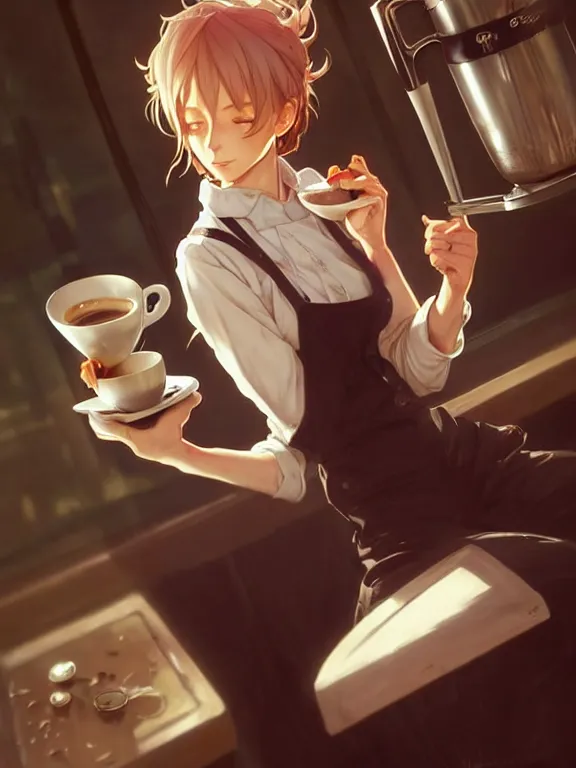 Image similar to full body picture of a bariste drip a coffee, calm and chill, beautiful and aesthetic, intricate, unreal engine, messy hair, highly detailed, detailed face, smooth, sharp focus, chiaroscuro, manga illustration, artgerm, greg rutkowski, ilya kuvshinov, rossdraws, alphonse mucha, young adult light novel cover art