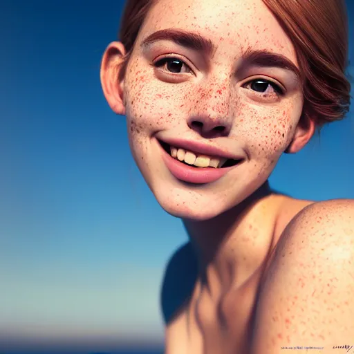 Image similar to beautiful serene intricate portrait of a cute thin young woman, red blush, cute freckles, smug smile, modern clothes, relaxing on the beach, golden hour, close up shot, soft focus, 8 k, art by irakli nadar, hyperrealism, hyperdetailed, ultra realistic