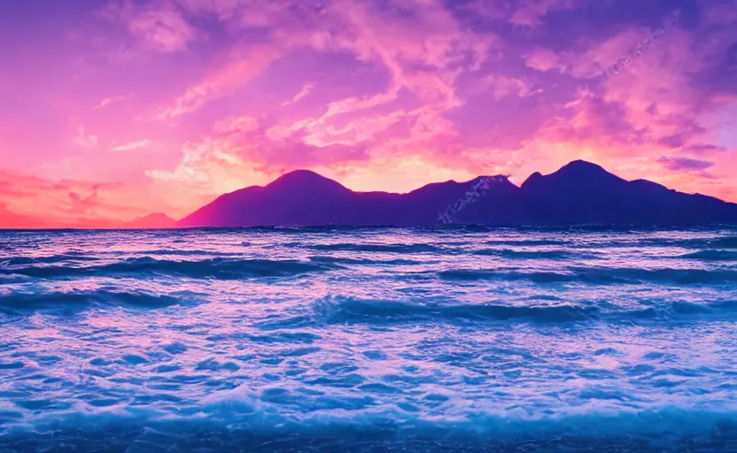 Prompt: beatiful landscape of the beach and mountains behind, vaporwave, sunset, photo