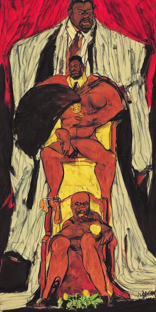 Image similar to style of frank miller, anatomically correct portrait of big black man sitting on throne, background made of big curtains