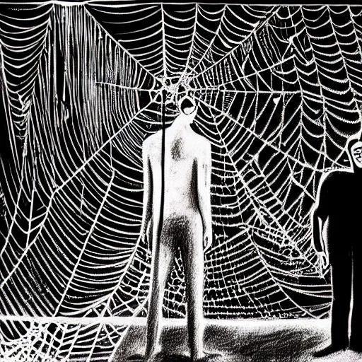 Image similar to a drawing of two people standing in front of a spider web, a surrealist painting by david wojnarowicz, behance contest winner, psychedelic art, chalk art, dystopian art, academic art