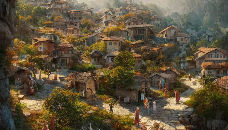 Image similar to very very small turkish village, by ilya kuvshinov, rtx rendering, octane render 1 2 8 k, maya, extreme high intricate details by tom bagshaw, medium shot, close up shot, composition by sana takeda, lighting by greg rutkowski