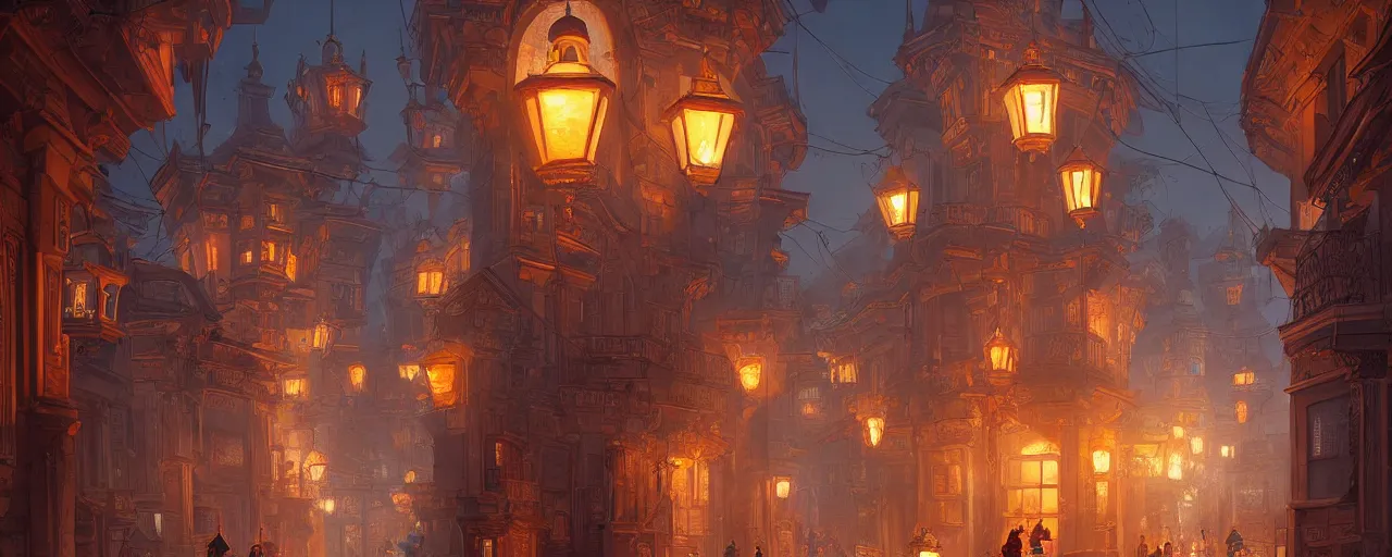 Prompt: winding street at midnight in a very old very beautiful city, glowing paper lanterns, strong dramatic cinematic lighting , ornate tiled architecture, lost civilizations, smooth, extremely detailed, trending on artstation, by Noah Bradley