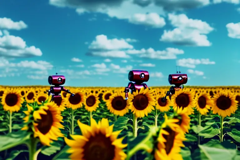 Image similar to a cute little robots at sunflower field. super realistic 8 k render of a elegant, cinematic composition