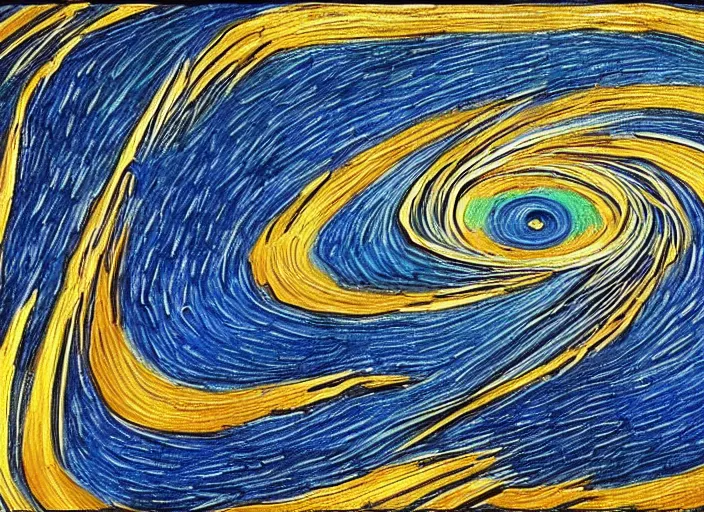 Image similar to painting of a wormhole black hole to another dimension, in the style of vincent van gogh and edward hopper and salvador dali