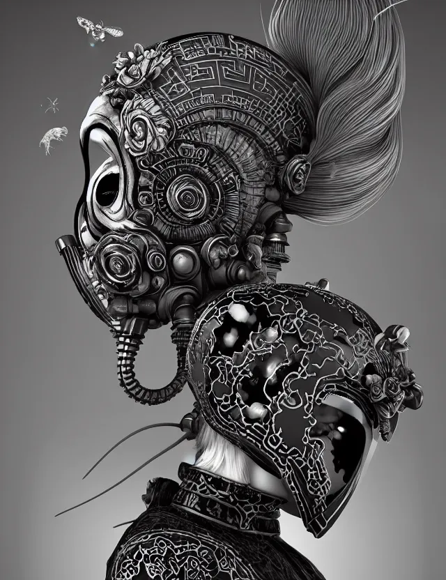 Image similar to 3 d goddess close - up profile punk portrait with vintage gas mask ram skull. beautiful intricately detailed japanese crow kitsune mask and clasical japanese kimono. betta fish, jellyfish phoenix, bio luminescent, plasma, ice, water, wind, creature, artwork by tooth wu and wlop and beeple and greg rutkowski