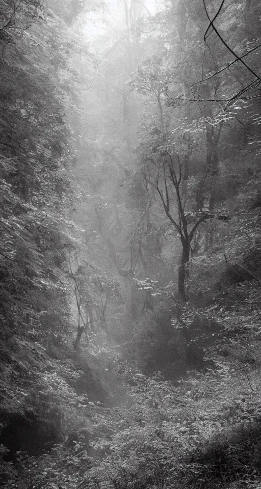 Image similar to A photograph of the ravine in which ancient voices dwell. magical. ancient. mist. ghostly. magic particles. cinematic. Voices. Echoes. 18mm lens