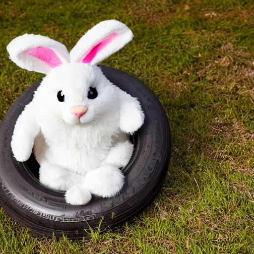 Image similar to a cute easter bunny sitting on a tire, studio photo, high quality