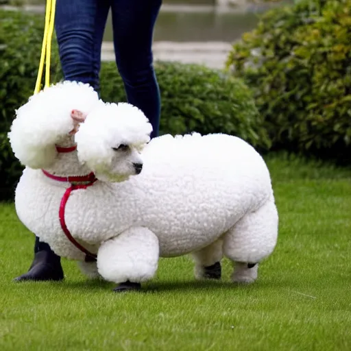 Image similar to a person wearing a sheep costume walking bichon frise on leash