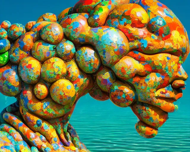 Image similar to a long shot of a giant award winning sculpture of a human head made out of pool toys, on the surface of the ocean, in the style of chad knight, hyper detailed, hyper realistic, ray tracing, 8 k resolution, sharp focus, realistic water