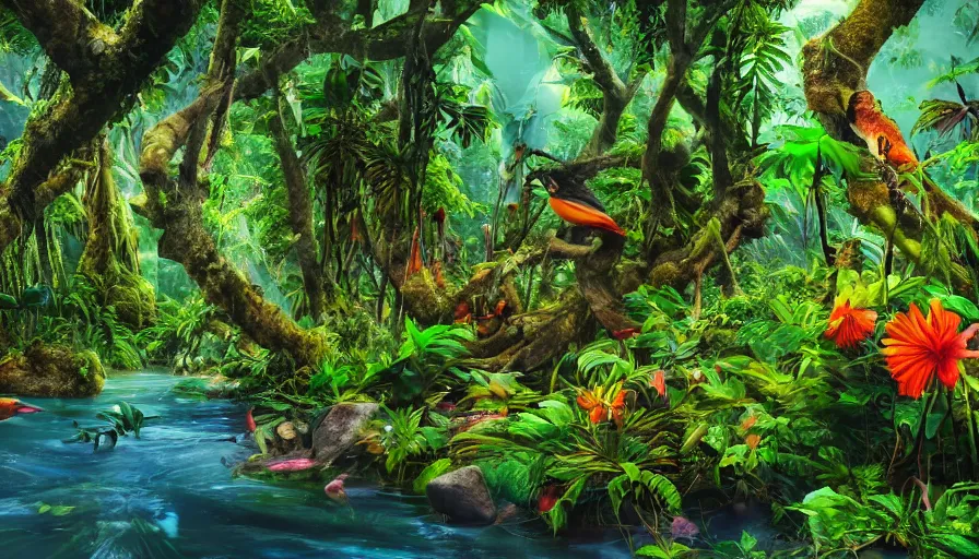 Prompt: inside a wild jungle, some animals, colorful birds, colorful toxic flowers, lianas in trees, high trees, hyperrealistic, 4 k, artstation, ultra detailed, river through jungle, stones in river, much green, blue sky, sunny weather, shadows, many plants, grass