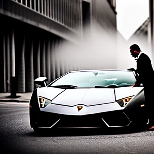 Image similar to black and white press photograph of a man in a suit pushing a lamborghini that is out of gas on a busy city street, sideview, detailed, natural light, mist, film grain, soft vignette, sigma 5 0 mm f / 1. 4 1 / 1 0 sec shutter, imax 7 0 mm footage