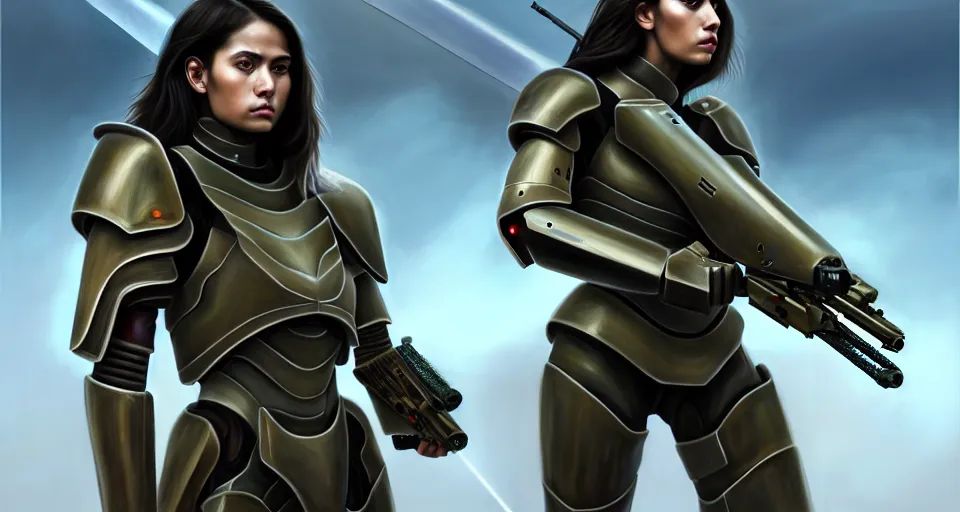 Image similar to a photorealistic painting of an attractive young warrior girl, clothed in stealth-battle armor with a giant sci-fi sniper rifle in her hands, olive skin, long dark hair, beautiful bone structure, symmetrical face, perfect eyes, a futuristic hover-tank with heavy laser-turret in the background, intricate details, elegant, digital painting, illustration, sharp focus, minimal artifacts, from Metal Gear, in the style of Ruan Jia and Mandy Jurgens and Greg Rutkowski, trending on Artstation, award winning, unreal engine, octane render