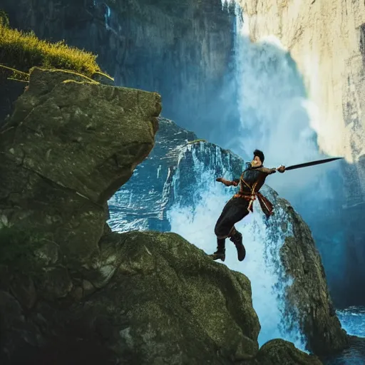 Prompt: man with sword jump of the cliff in front of the waterfall, dragons flying around, anime, realistic shot, nature, animal planet, superhero