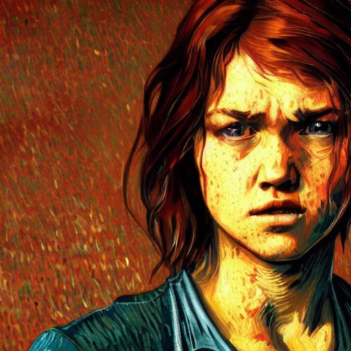 Prompt: Abby Anderson (from The Last of Us) in the style of Vincent Van Gogh, masterpiece digital painting, 4k wallpaper, intricate detail, beautiful, gorgeous, stunning, artstation